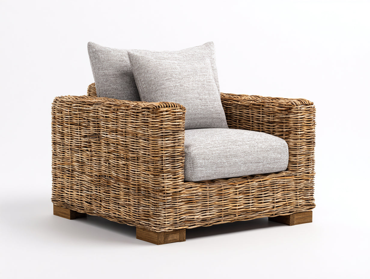 Fauteuil de jardin - Rotin tressé - 93x86x77 cm - Brun naturel-Gris clair - Rustique