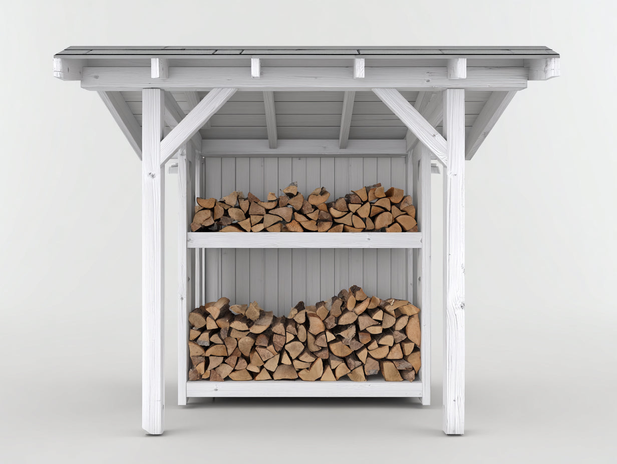 Abri à bûches-Bois-156x63x176 cm-Blanc-Gris-Design couvert